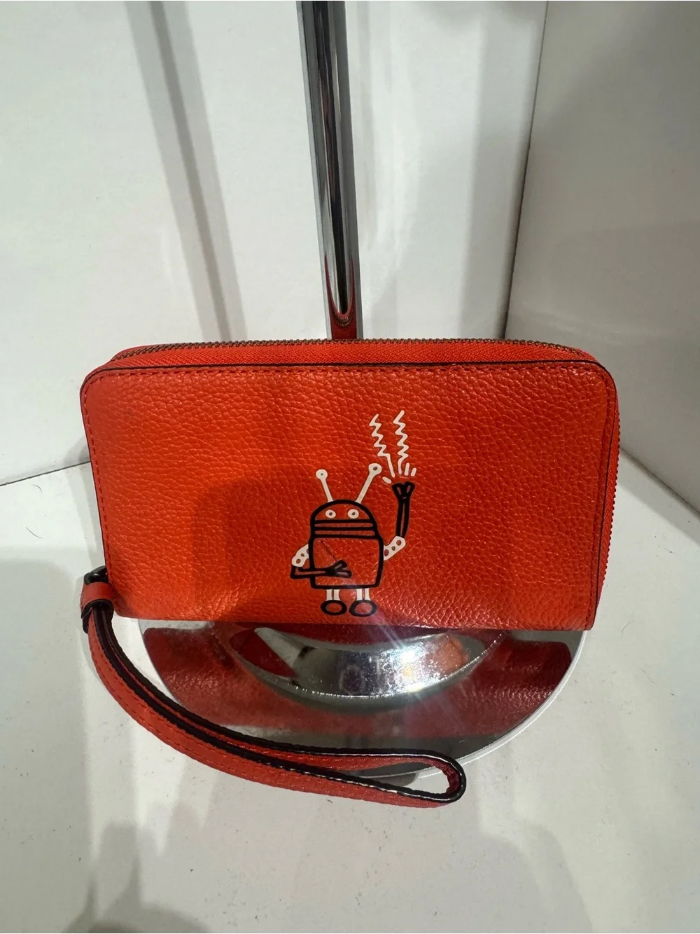 Coach & Keith Haring Red Pebble Leather Zip Wristlet with Robot Motif